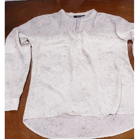 ANA Speckled Tan/Green/Silver Roll-Tab Henley Pleated Shoulder Hi-Low Blouse, M - Picture 2 of 6